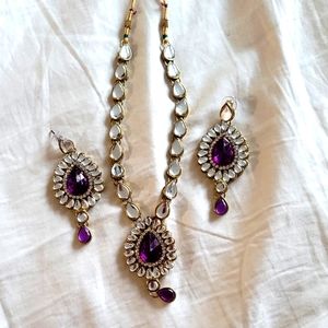 Purple Kundan Indian necklace with earring set